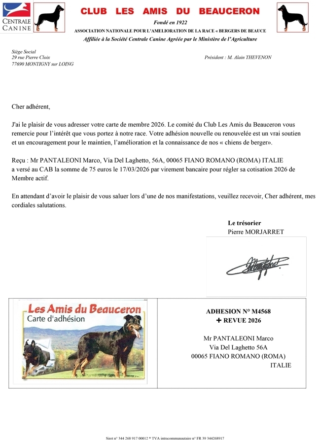 Tessera Club Francese di Razza "Les Amis du Beauceron" - Des Gardiens de Rome